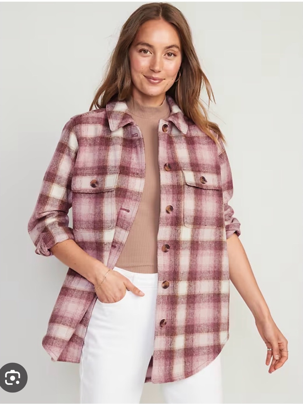 Old Navy Mauve and Cream Plaid Button-Front Shacket